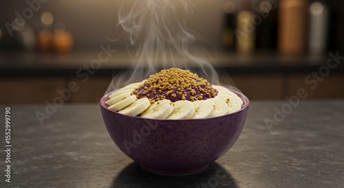 Steaming Warm Acai Bowl Topped with Banana and Granola