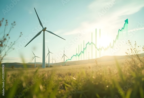 Clean energy landscape (solar, wind) with dynamic data graph overlay, representing growth in renewable sector investment