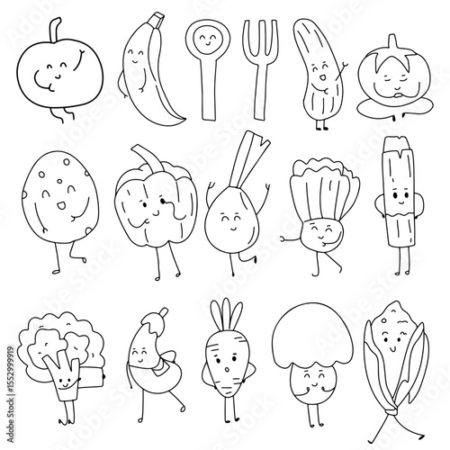 Set of vegetables and fruits character element stock.banana, cucumber, carrot, potatoes, pepper, chili, tomato, beetroot, eggplant