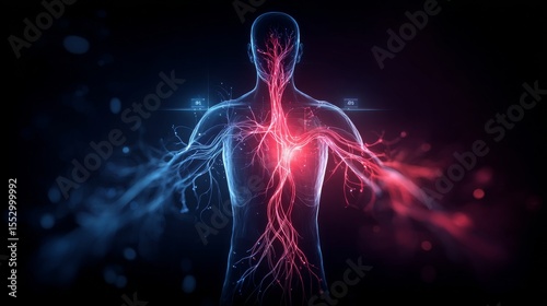 Human anatomical model showing vascular system highlighted in red and blue.
