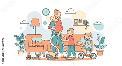 Adobe illustrator artwork vector illustration of a mother cleaning the house with kids. A busy multitasking mom vacuums while caring for her baby, son, and daughter in a cozy living room.