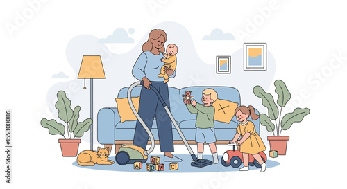 Adobe illustrator artwork vector illustration of a mother cleaning the house with kids. A busy multitasking mom vacuums while caring for her baby, son, and daughter in a cozy living room.