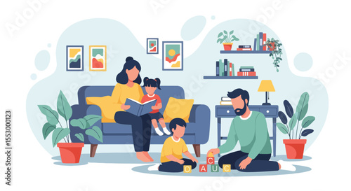 Adobe illustrator artwork vector illustration of happy family time at home. Parents and children spend a weekend together, playing with educational block toys and using a tablet in a cozy living room
