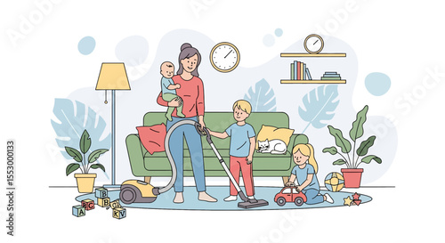 Adobe illustrator artwork vector illustration of a mother cleaning the house with kids. A busy multitasking mom vacuums while caring for her baby, son, and daughter in a cozy living room.