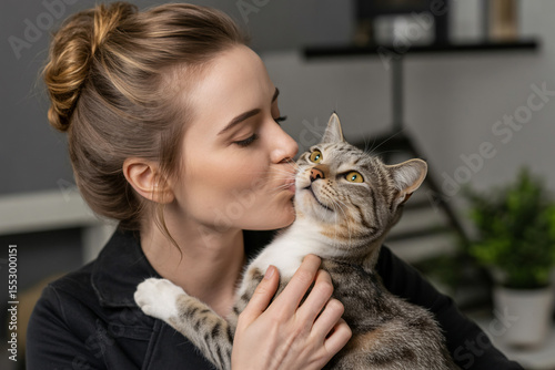 Woman kissing her reluctant cat. Funny moment of one-sided affection between pet and owner