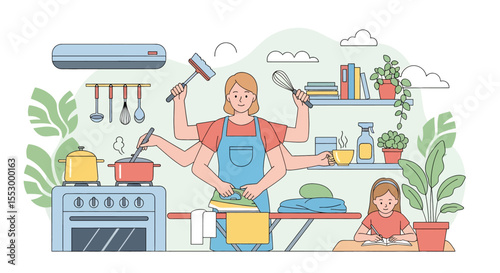 Adobe illustrator artwork vector illustration of a multitasking mother with kids. A supermom with many arms does housework, cooking, and ironing while her daughters study. Domestic life concept.