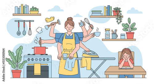 Adobe illustrator artwork vector illustration of a multitasking mother with kids. A supermom with many arms does housework, cooking, and ironing while her daughters study. Domestic life concept.