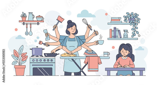 Adobe illustrator artwork vector illustration of a multitasking mother with kids. A supermom with many arms does housework, cooking, and ironing while her daughters study. Domestic life concept.