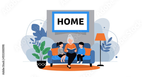 Adobe illustrator artwork vector illustration of a mom reading a book to her two children on a sofa, emphasizing family bonding and cozy home moments. Perfect for educational, parenting, or lifestye