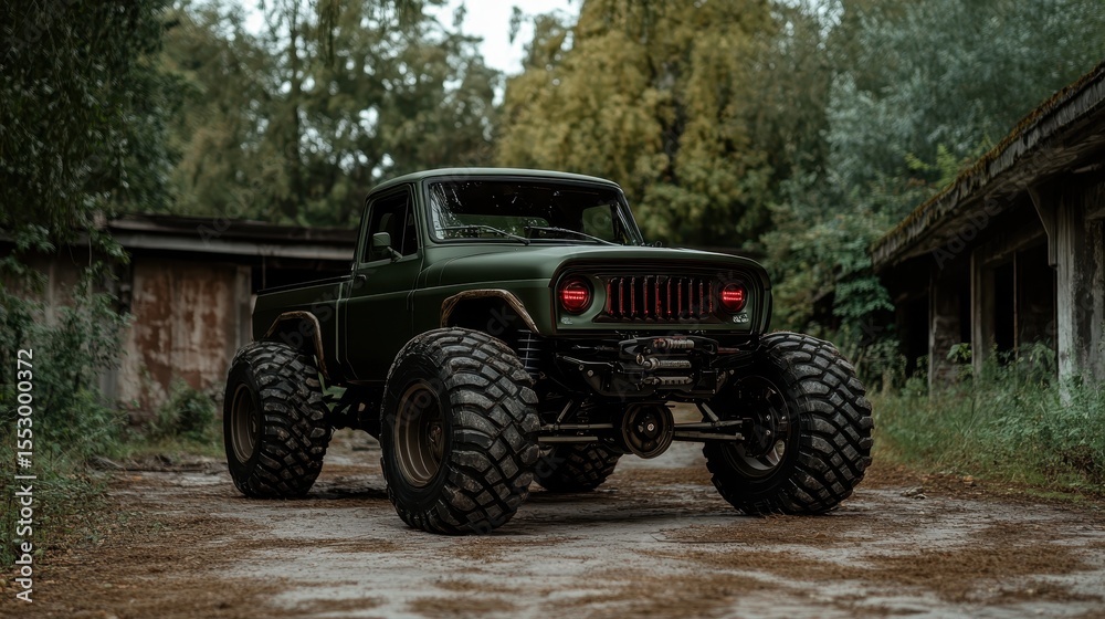 Fototapeta premium An iconic green vintage pickup truck with rugged wheels is parked amidst an overgrown area, evoking feelings of nostalgia and adventure in a forgotten landscape.