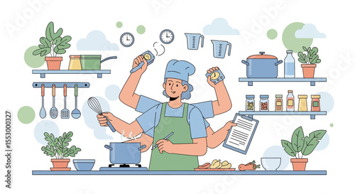 Adobe illustrator artwork vector illustration depicting a super mom multitasking in the kitchen with multiple arms, cooking, timing, and managing tasks simultaneously.