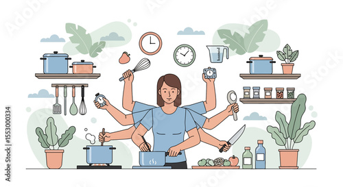 Adobe illustrator artwork vector illustration depicting a super mom multitasking in the kitchen with multiple arms, cooking, timing, and managing tasks simultaneously.