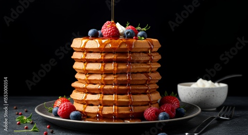 Golden Waffles Drizzled with Maple Syrup, Topped with Fresh Berries