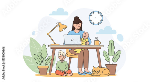 Adobe illustrator artwork vector illustration of a woman working from home on her laptop while holding her baby, with another child nearby. Emphasizes modern challenges of remote work and childcare.