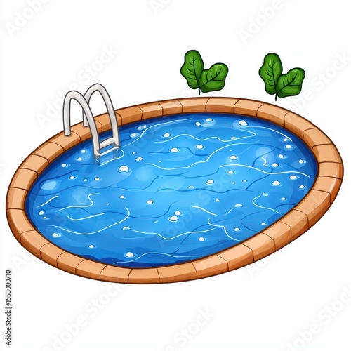 Cartoon Swimming Pool Illustration with Ladder and Leaves