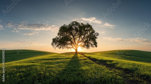 Landscape view of sprawling oak silhouetted at golden hour over quiet green field