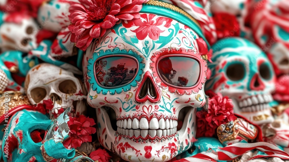 Fototapeta premium A colorful sugar skull adorned with intricate floral patterns and vibrant colors, symbolizing the Day of the Dead, celebrating life and honoring departed loved ones.