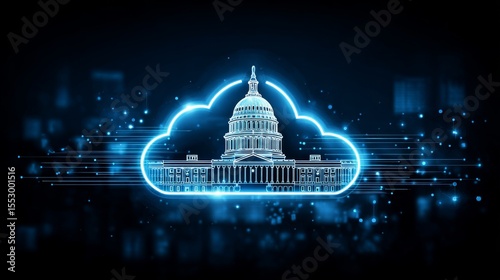 Capitol building inside a cloud outline with horizontal glowing lines on dark backdrop.