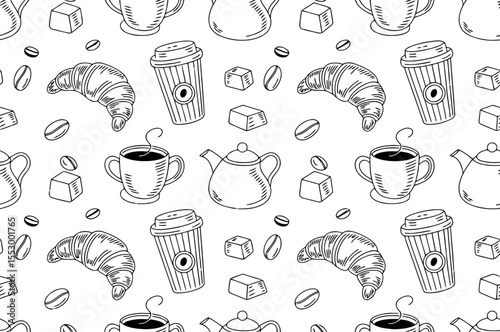 This charming black and white pattern features a delightful assortment of hand-drawn cafe items.