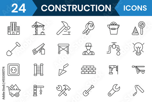 Construction icon vector set collection. Construction editable line icons, vector. Containing design, renovation architecture, engineer, blueprint and home repair tools. Vector illustration.