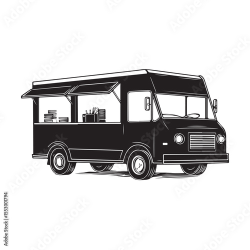 Food truck Silhouettes, Food Truck Silhouette Vector Graphic, Vector illustration of a truck icon for transportation, delivery, and travel