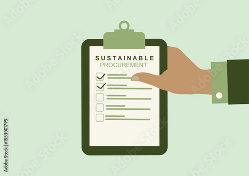 Sustainable procurement checklist with hand pointing at environmental criteria. Green business evaluation form ideal for corporate presentations and ESG reporting materials. Vector illustration
