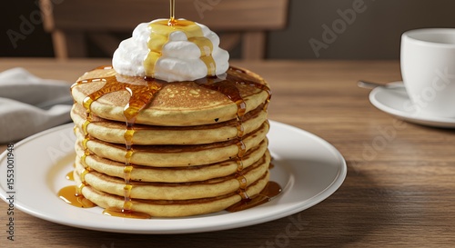 Golden Syrup Drizzles Delightfully onto a Stack of Fluffy Pancakes Topped with Whipped Cream