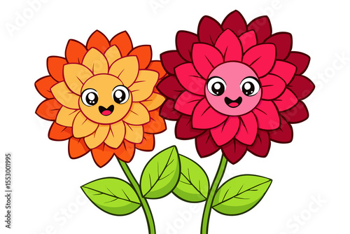 two Dahlia flowers with a white background.
