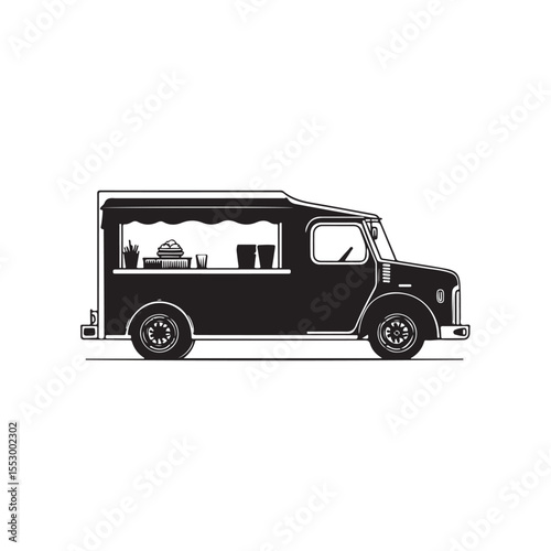 Food truck Silhouettes, Food Truck Silhouette Vector Graphic, Vector illustration of a truck icon for transportation, delivery, and travel