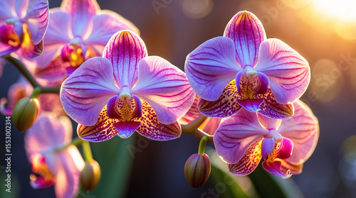 sunset golden light glowing over macro orchid field spring bloom purple blossoms peaceful countryside floral scene botanical floral wallpaper background
