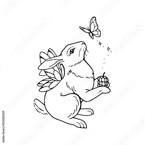 magical rabbit with wings and berry