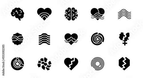 Collection of Abstract Heart, Brain, and Wave Icons Vector Graphics for Design Projects