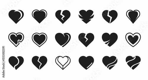 Collection of Broken and Whole Heart Icons Vector Graphics for Design Projects