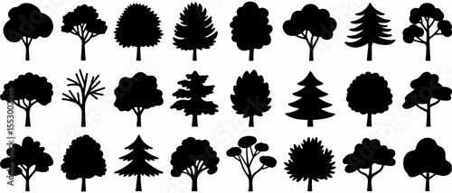 Collection of 30 Black Silhouette Tree Icons Diverse Tree Shapes for Design Projects