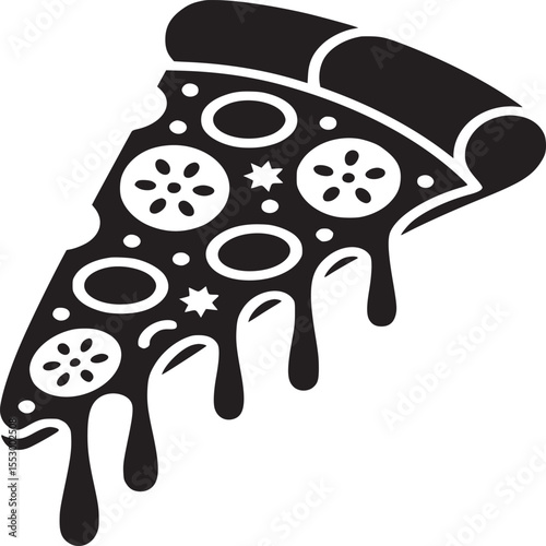 Isolated black and white vector illustration of a pizza slice with melting cheese and toppings design