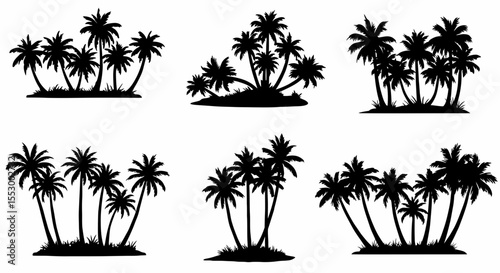 Collection of Silhouettes Palm Trees in Tropical Paradise, Island Scene Illustrations