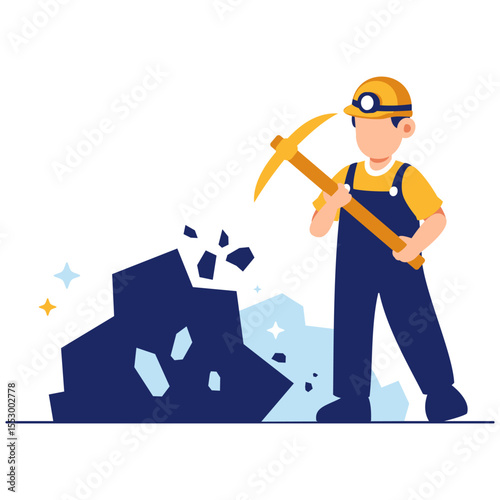 A determined miner in safety gear uses a pickaxe to dig through rock layers, representing labor and exploration