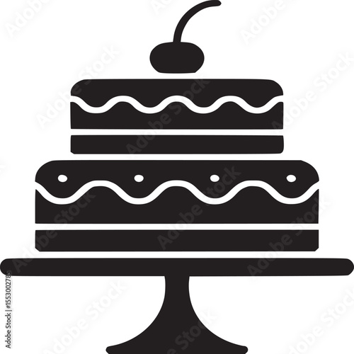 A black silhouette of a two tiered cake with a cherry on top sitting on a pedestal on a white background