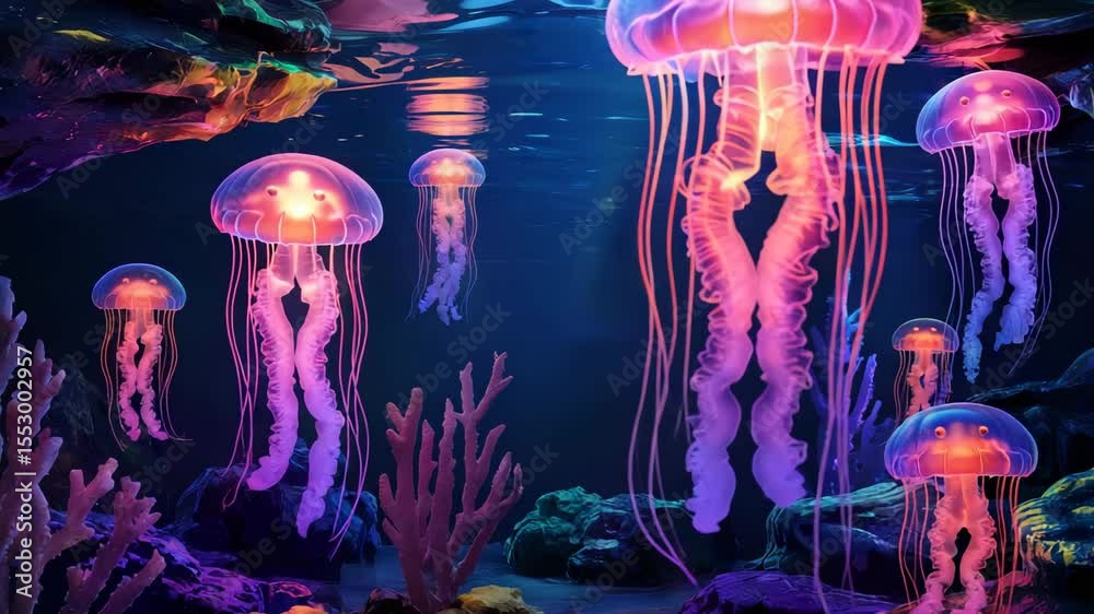 Bioluminescent jellyfish swim gracefully in deep blue ocean water