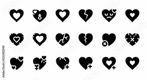 Collection of Diverse Heart Icons Whole, Broken, and Wounded Hearts for Design Projects