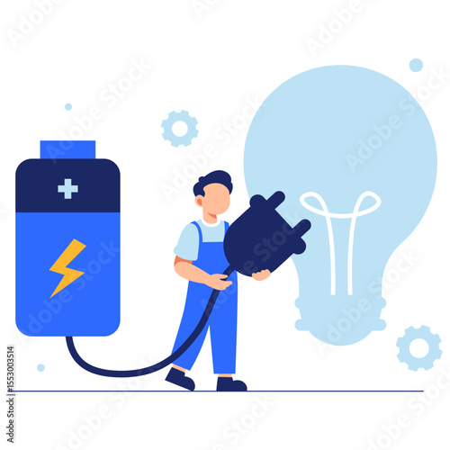 An electrician connects a battery to a glowing bulb, representing innovation, power, and creative energy
