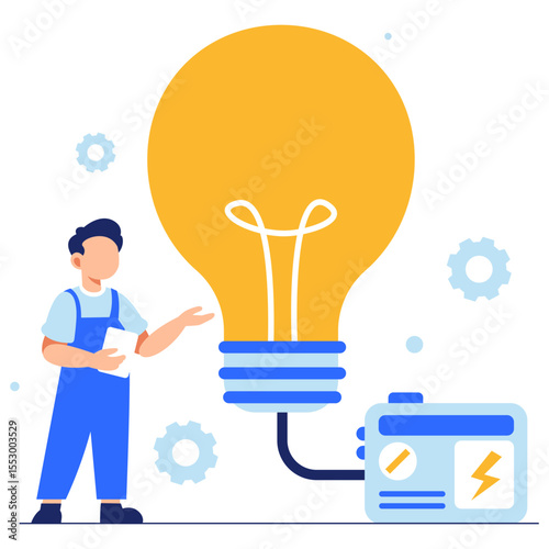 An electrician demonstrates energy principles using a glowing bulb and generator in a colorful workshop setting