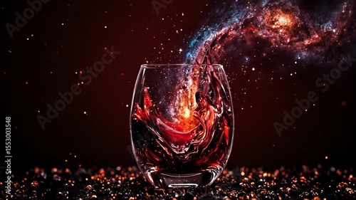 Highly Detailed Creative Photo of Red Wine Glass Swirling with a Miniature Galaxy Inside Surrounded by Floating Stars for Luxury Beverage and Fantasy Advertising Campaigns
