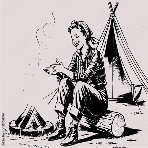 A 1950s style sepia ink illustration of a European man and woman in their thirties, sitting cross-legged on a log beside a small campfire, smiling happily as she warms her hands over the fire, wearing