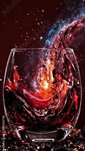 Highly Detailed Creative Photo of Red Wine Glass Swirling with a Miniature Galaxy Inside Surrounded by Floating Stars for Luxury Beverage and Fantasy Advertising Campaigns