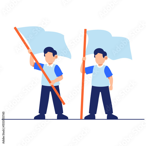Two happy boys joyfully wave light blue flags, embodying teamwork, unity, and youthful celebration in a lively outdoor setting