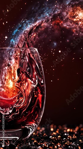 Highly Detailed Creative Photo of Red Wine Glass Swirling with a Miniature Galaxy Inside Surrounded by Floating Stars for Luxury Beverage and Fantasy Advertising Campaigns