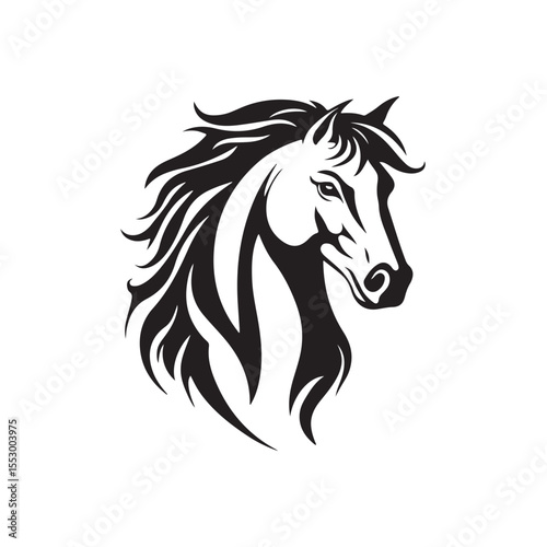 Horse Head vector silhouette, Horse vector Illustration, Horse Head Vector Illustration, A stylized black and white portrait of a horse head, Black and white horse face for modern logos and designs
