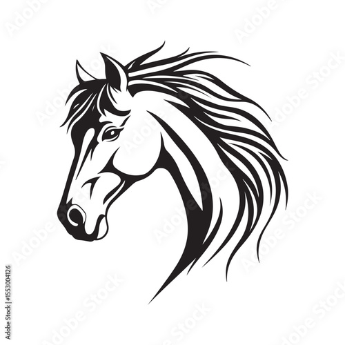 Horse Head vector silhouette, Horse vector Illustration, Horse Head Vector Illustration, A stylized black and white portrait of a horse head, Black and white horse face for modern logos and designs
