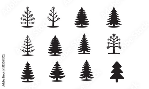Set of Simple Black Silhouette Tree Icons, a collection of stylized, black silhouette tree icons, perfect for use in various design projects vector art on white